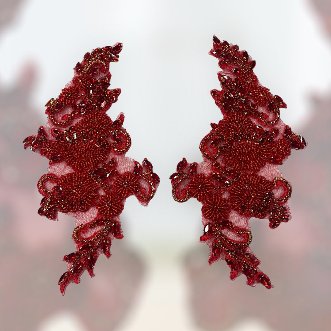 Crystal Rhinestone Applique 100 Percent Polyester Lace Fabric - Floral Beaded Corded Embroidered, 12" X 5" Each Side (1 Pair)