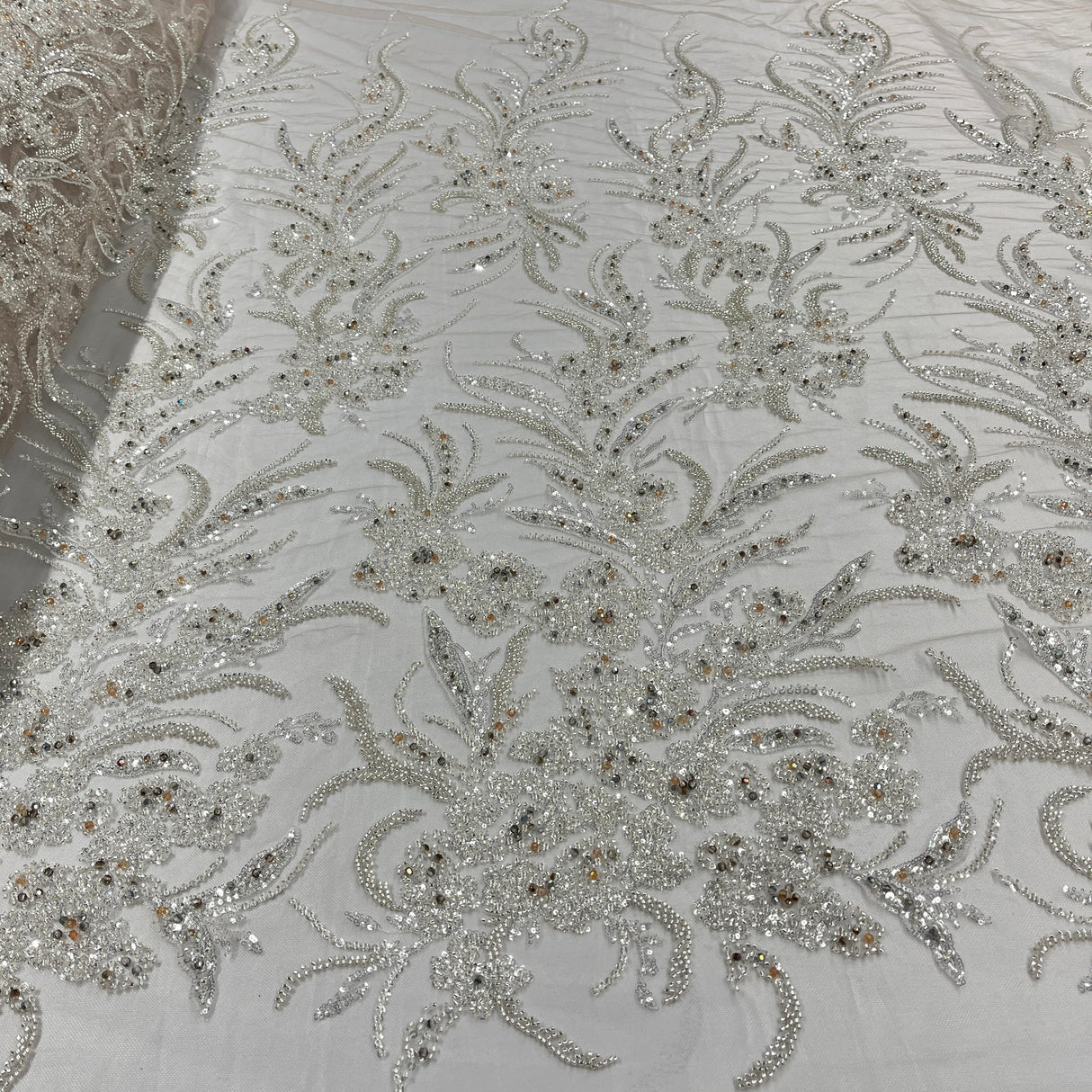 Beaded Lace Fabric on Polyester Net Mesh