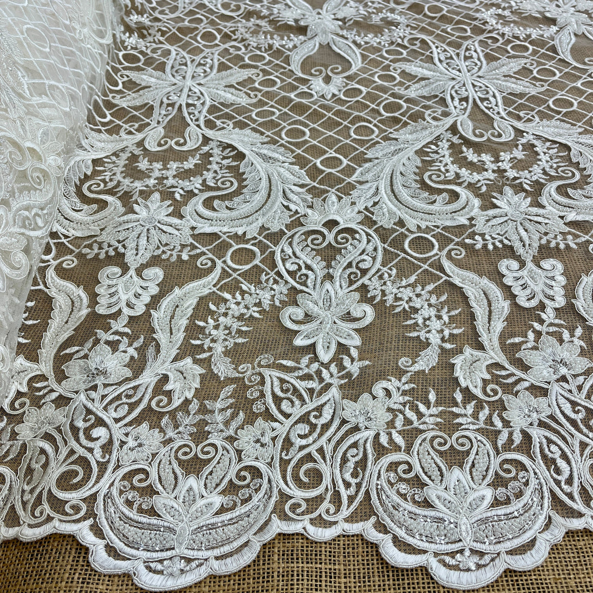 Beaded Corded Bridal Lace Fabric Dark Ivory 53" Wide