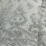 1 Yard Beaded & Corded Bridal Lace Fabric Embroidered on 100% Polyester Net Mesh