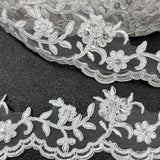 Beaded Corded Lace Trimming Polyester Fabric - Floral Scalloped Edge, 2.75" Width (1 Yard)
