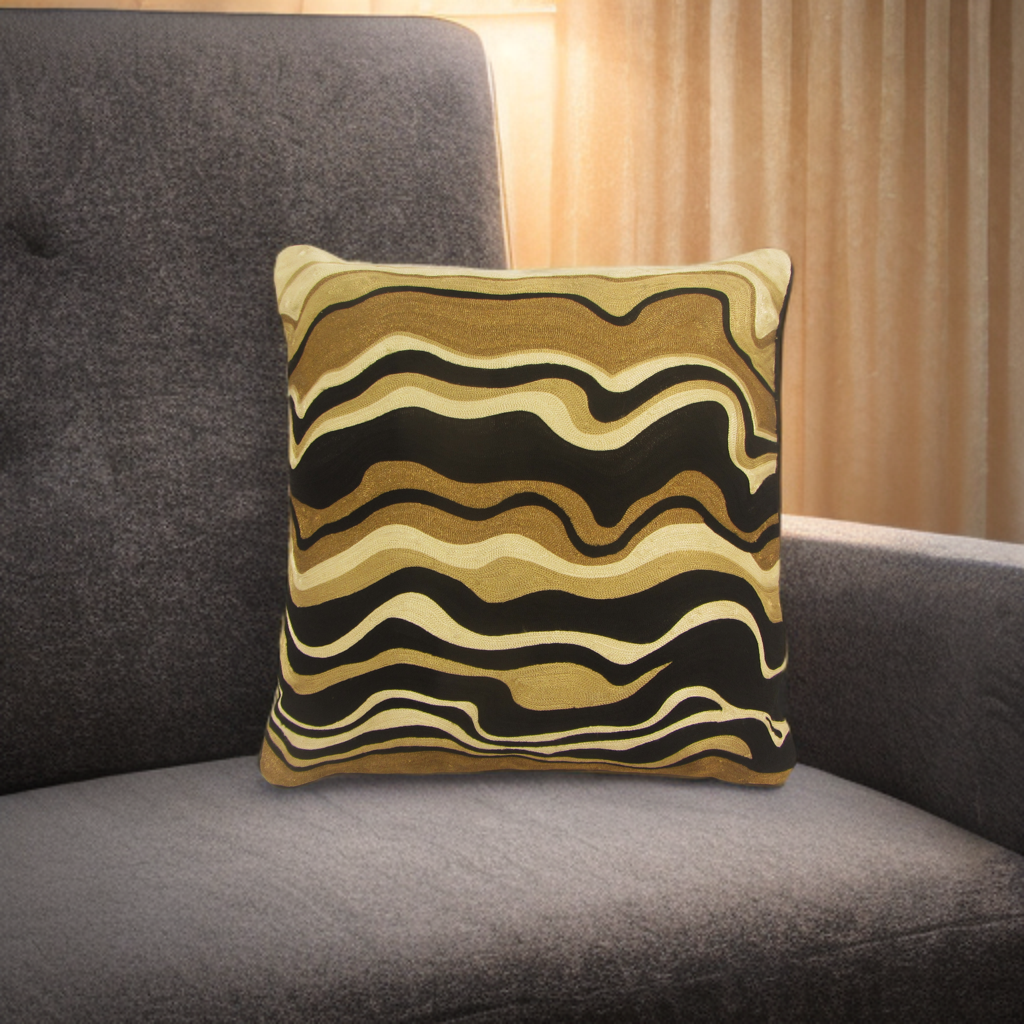 SEV005 Velvet Pillow - Black Velvet, Bronze, Black, Beige & Ivory Abstract Embroidery, 20" X 20" (1 Piece)