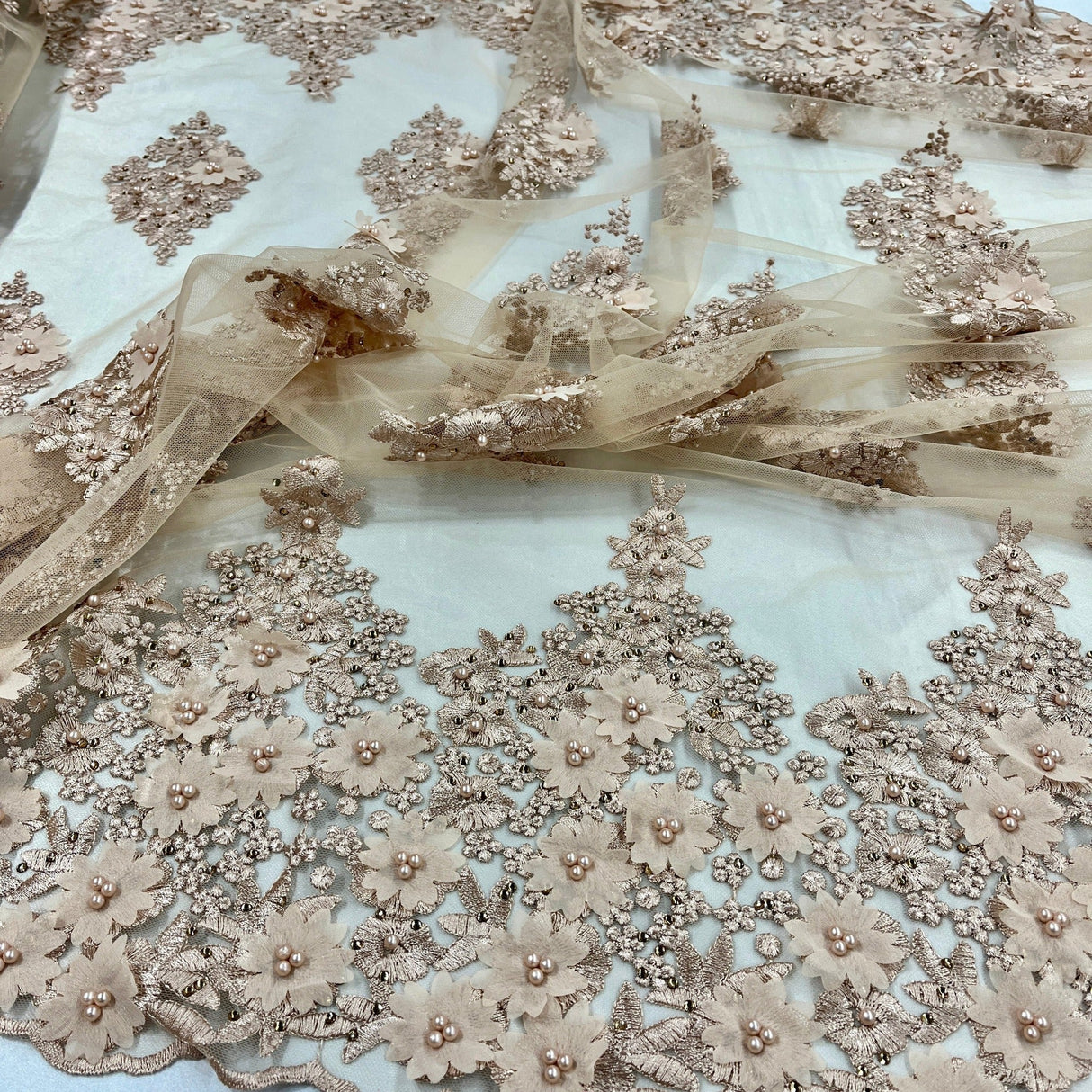Beaded 3D Floral Lace Polyester Fabric - Off White, Gold, Silver, Lt. Blue, 52" Wide (1 Yard)