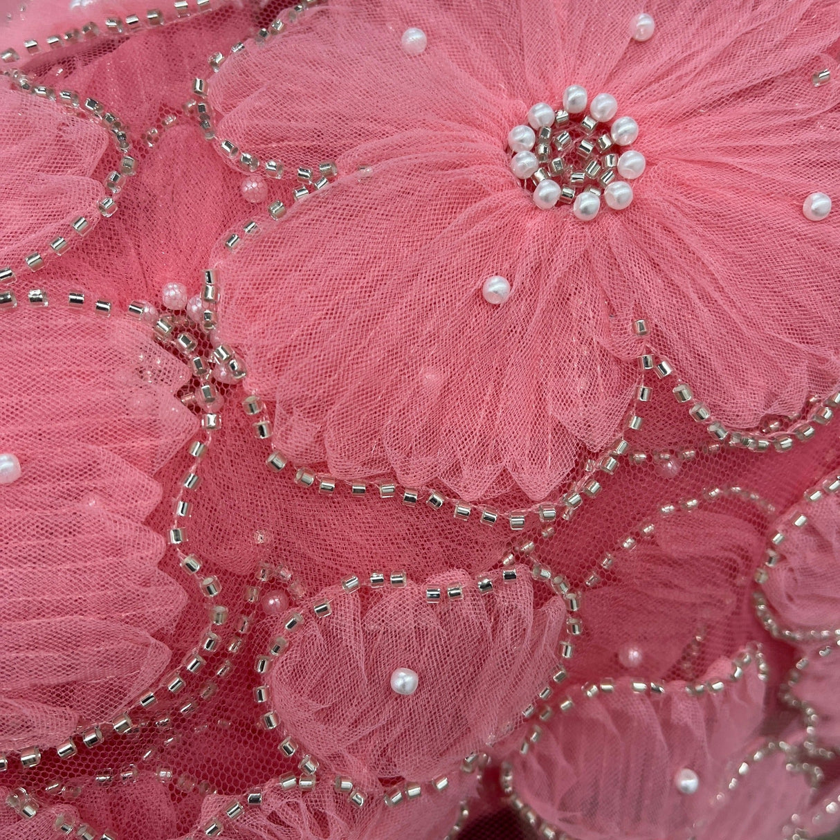 Beaded 3D Floral Lace Fabric - 3D Floral Embroidered Net Mesh, 52" Wide (1 Yard)
