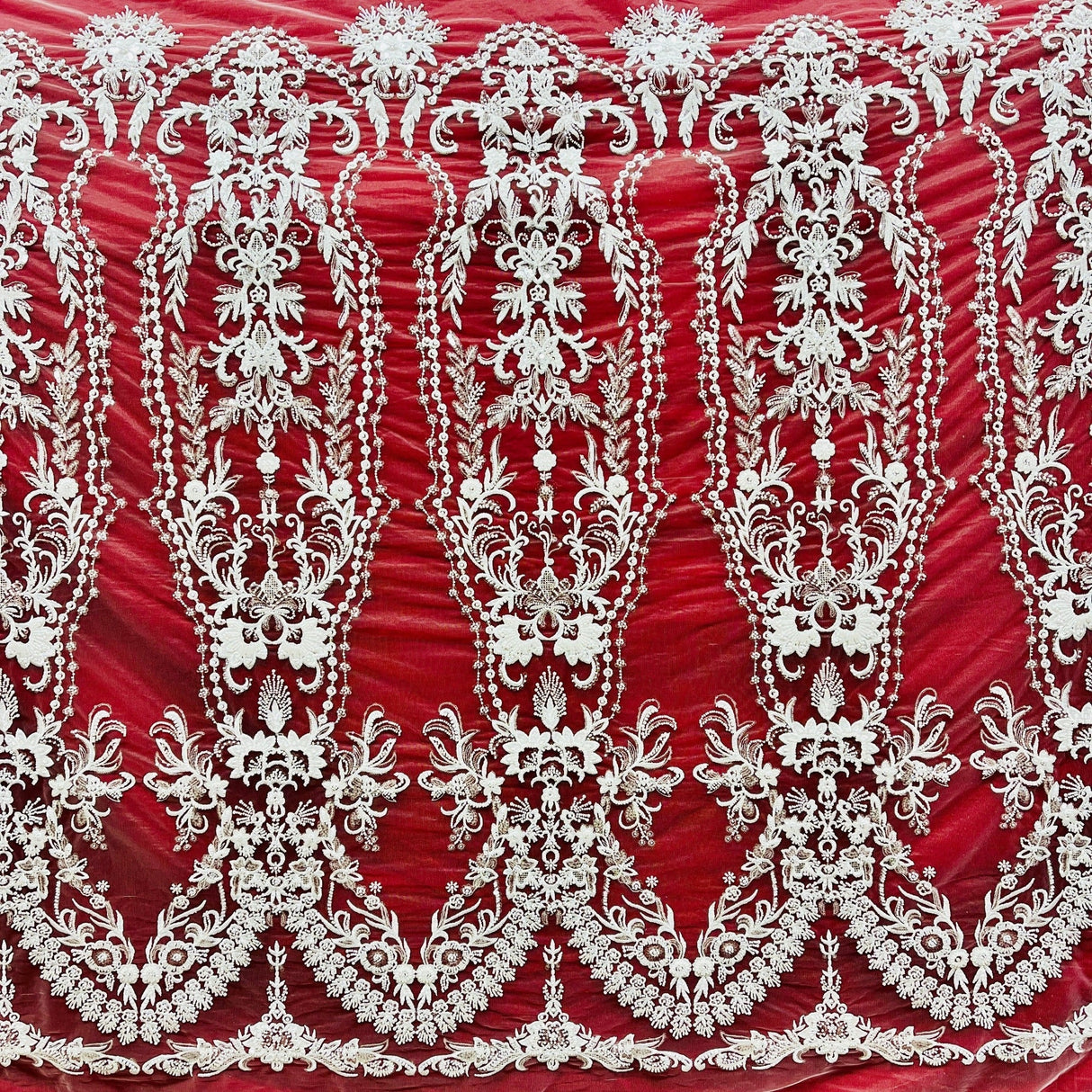 Beaded Lace Fabric Embroidered On 100 Percent Polyester Net Mesh - Off White, Antique Silver, White, 50" Wide (1 Yard)