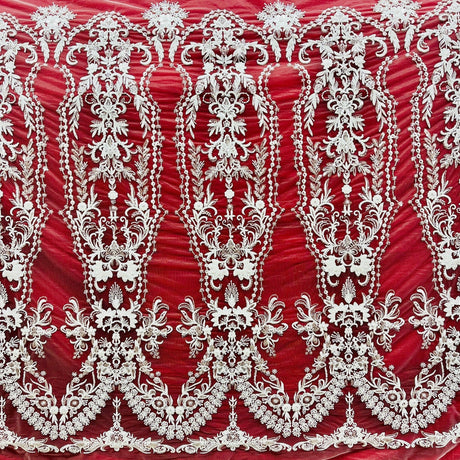Beaded Lace Fabric Embroidered On 100 Percent Polyester Net Mesh - Off White, Antique Silver, White, 50" Wide (1 Yard)
