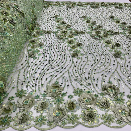 1 Yard Beaded and Sequined 3D Floral Sparkling Lace Fabric White