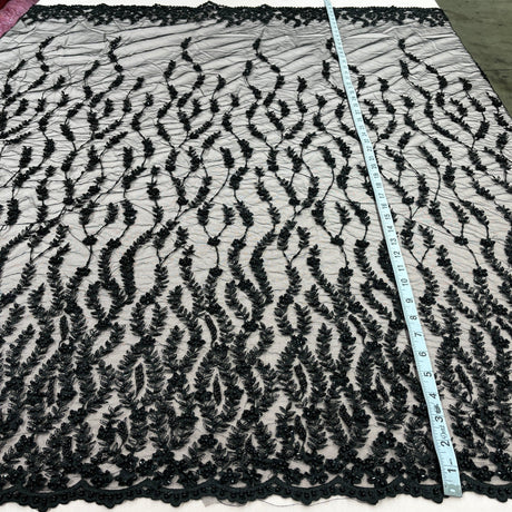 Beaded Lace Fabric Embroidered On 100 Percent Polyester Net Mesh - Silver, Black, Gold, Floral Sequin Embroidery, 50" Width (1 Yard)