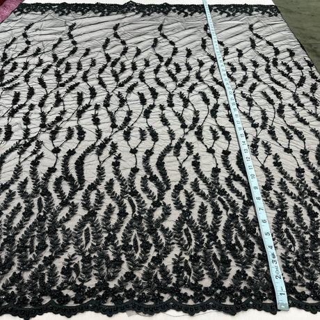 1 Yard Silver Beaded Lace Fabric Embroidered on Polyester Net Mesh 50 inch Width