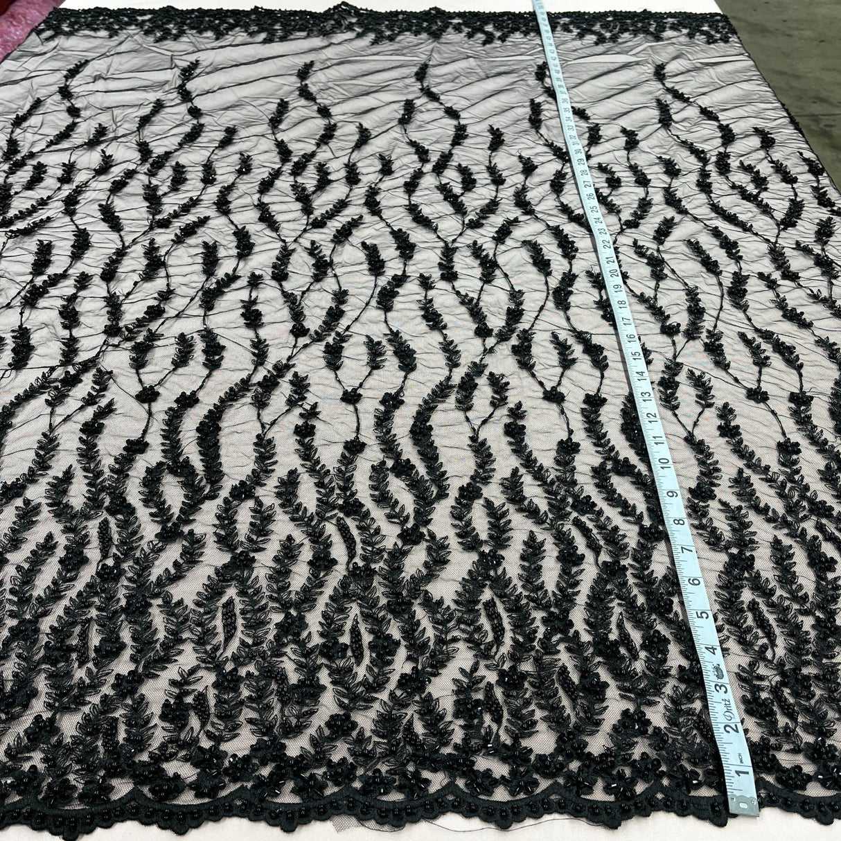 Beaded Lace Fabric on Polyester Net Mesh 50"