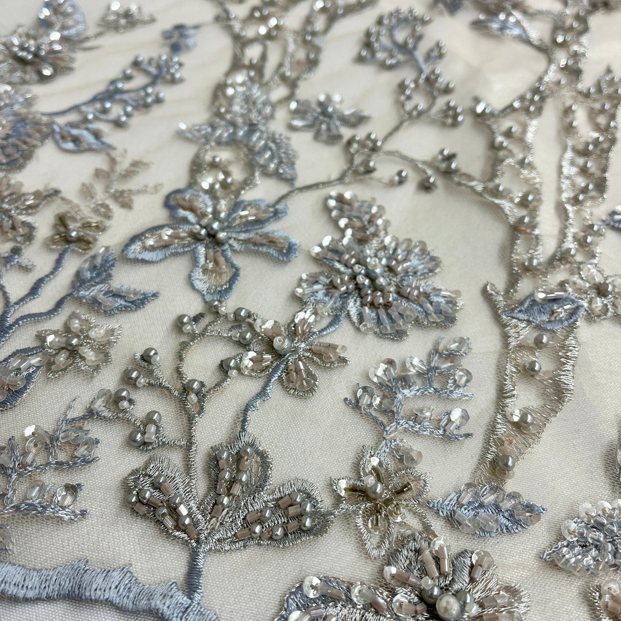 Beaded Lace Fabric Blue Skin Net