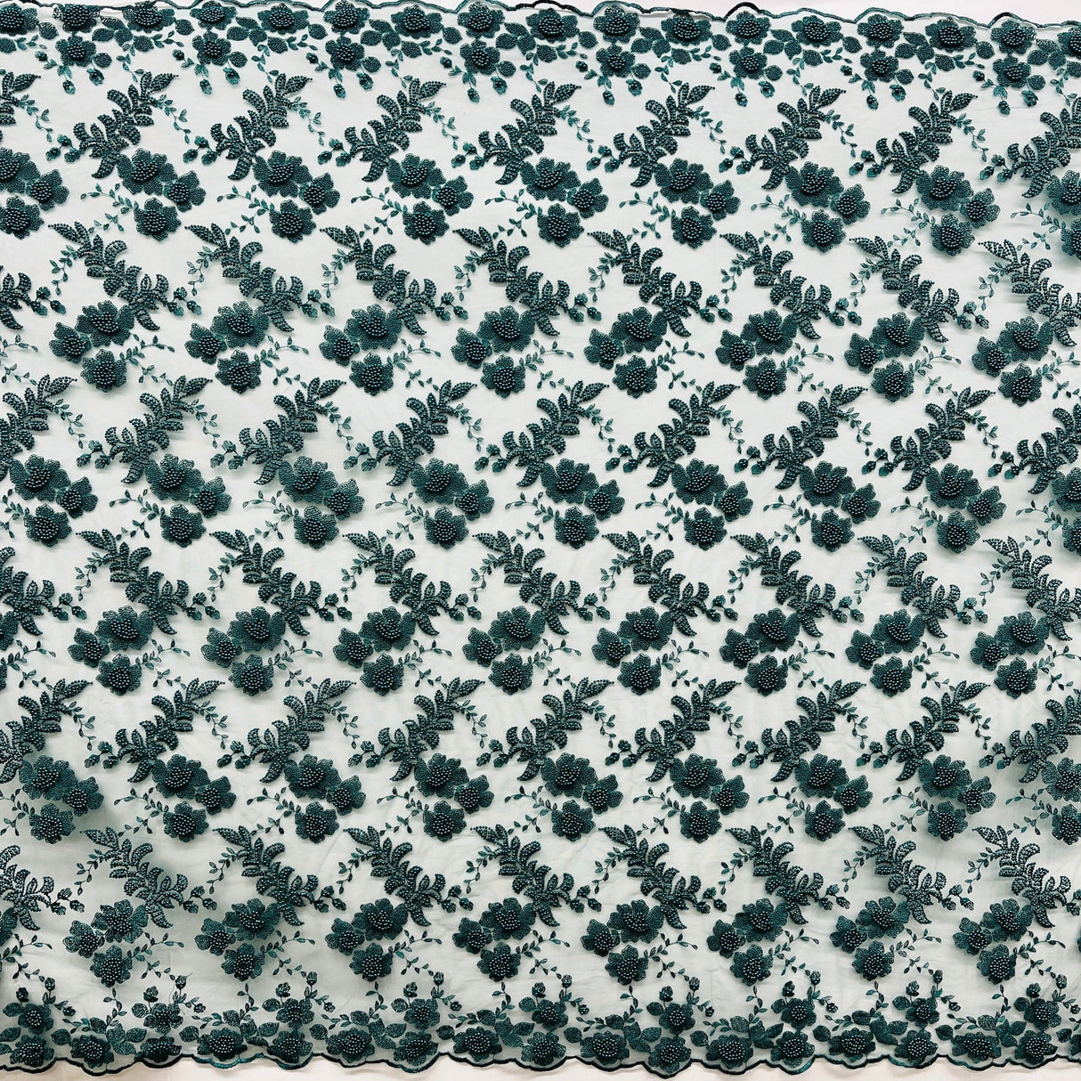 GD-366 Beaded Lace Polyester Fabric - Jade Floral Embroidered Beaded Pearl Scalloped Edges, 52" Width (1 Yard)