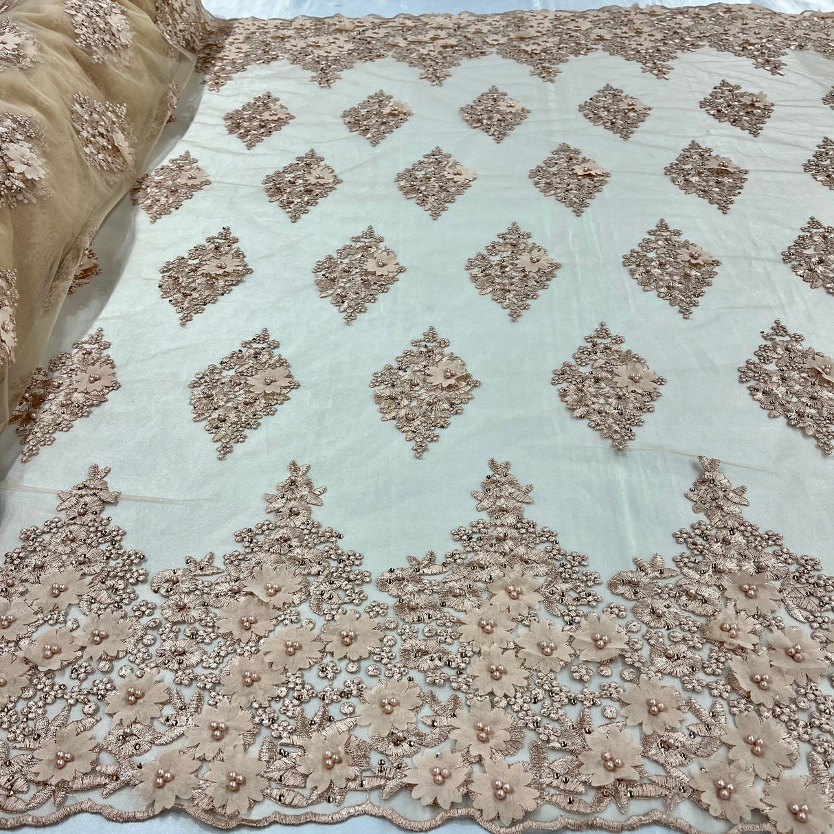 Beaded 3D Floral Lace Fabric