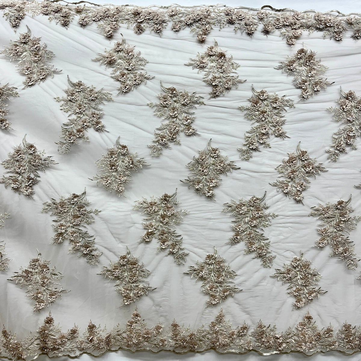 1 Yard Beaded 3D Floral Lace Fabric Embroidered on 100% Polyester Net Mesh 54" Wide