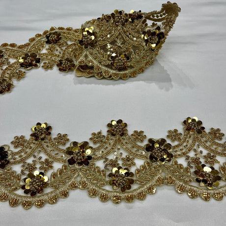 1 Yard Elegant Beaded & Corded Floral Lace Trim on Soft 100% Polyester Mesh