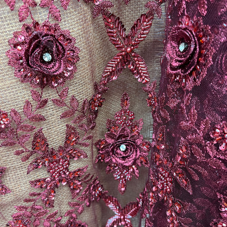 Beaded 3D Floral Lace Fabric