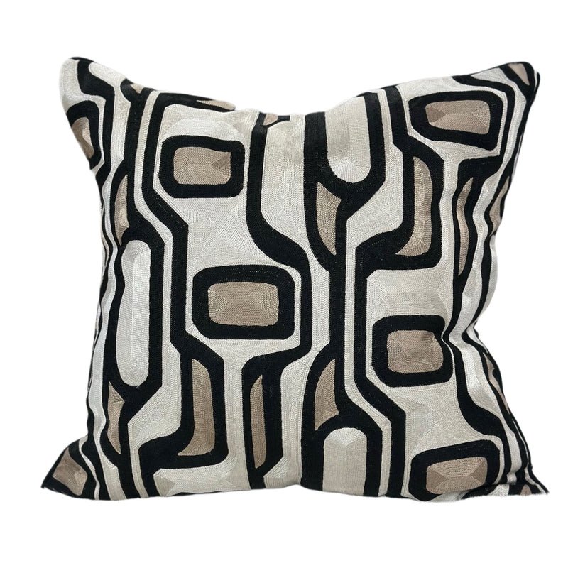 Makymo Black Velvet Pillow Fabric - Geometric Abstract Embroidery, Ivory, Bronze & Black, 20" X 20" (1 Piece)