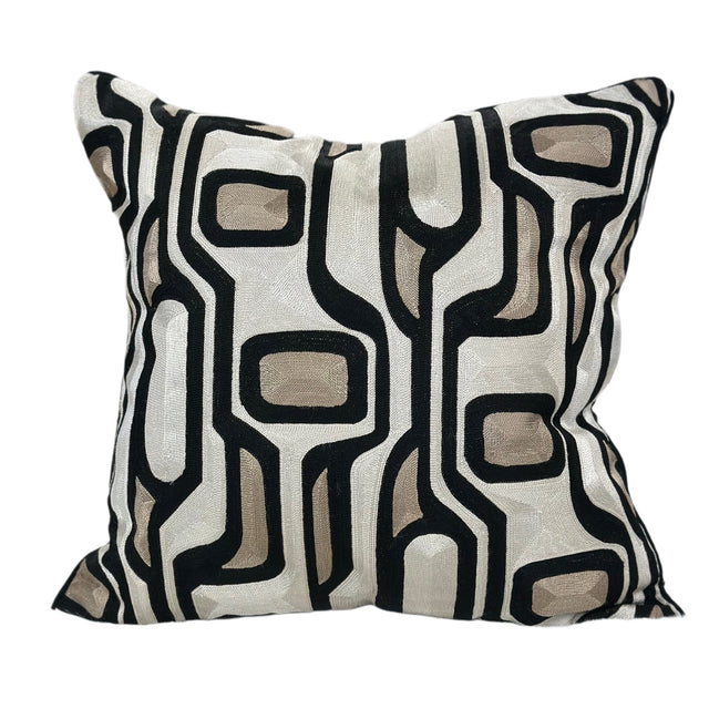 Makymo Black Velvet Pillow Fabric - Geometric Abstract Embroidery, Ivory, Bronze & Black, 20" X 20" (1 Piece)