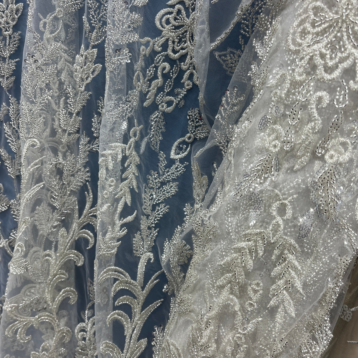 Beaded Lace Fabric on Polyester Net Mesh