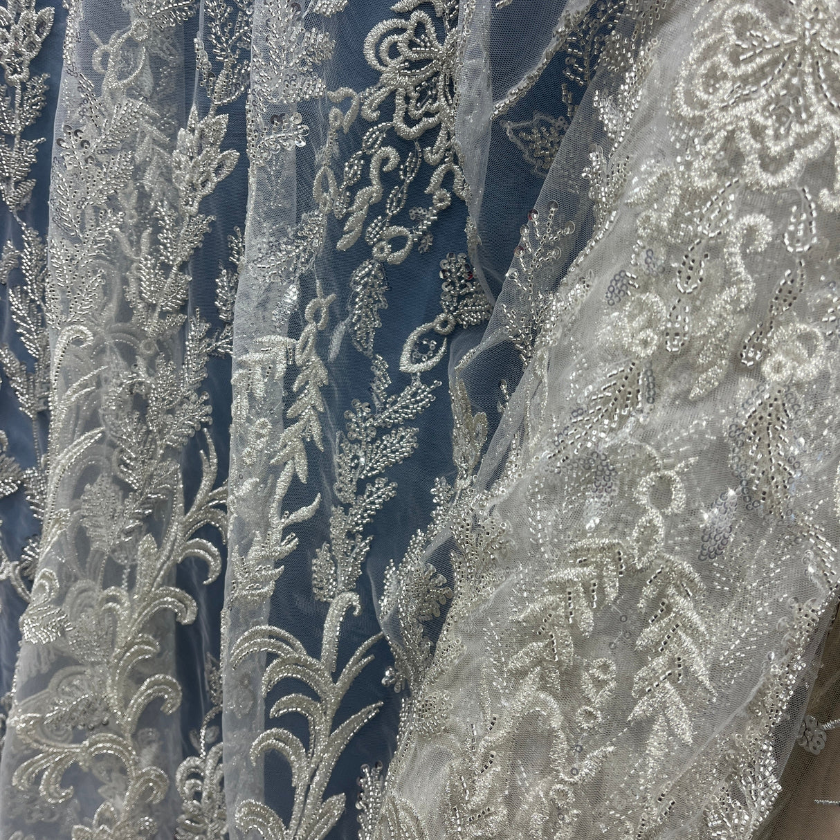Beaded Lace Fabric on Polyester Net Mesh 51" Wide