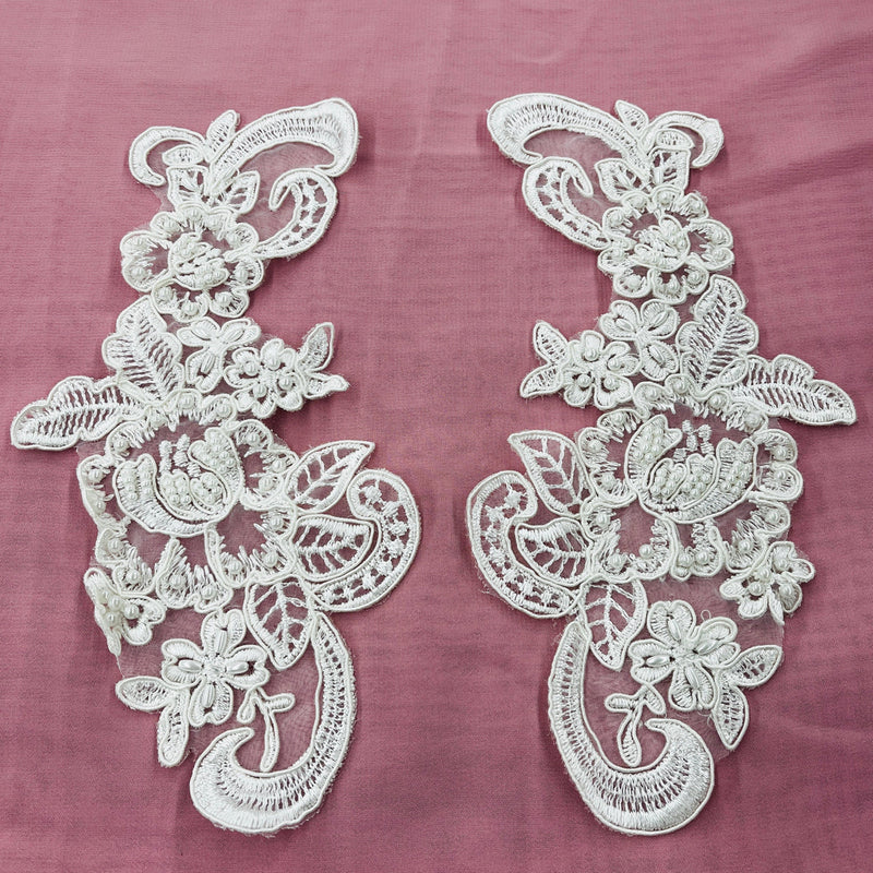 1 Yard Beaded Corded Floral Lace Applique on Sheer Polyester Organza, Embroidered Fabric for Dresses & Gowns