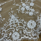 1 Yard Premium Hand Beaded Lace Fabric Embroidered on 100% Polyester Net Mesh White