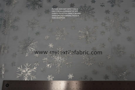 Metallic Snowflake Organza Polyester Fabric - Iridescent Aqua Blue, Metallic Christmas Snowflake, 58/60" Width (1 Yard)