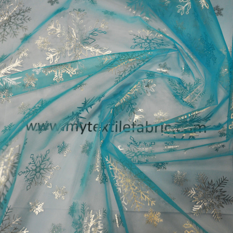 Metallic Snowflake Organza Polyester Fabric - Iridescent Aqua Blue, Metallic Christmas Snowflake, 58/60" Width (1 Yard)