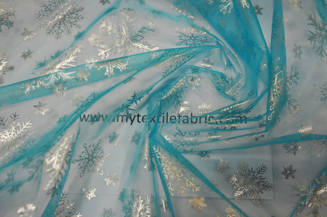 Metallic Snowflake Organza Polyester Fabric - Iridescent Aqua Blue, Metallic Christmas Snowflake, 58/60" Width (1 Yard)