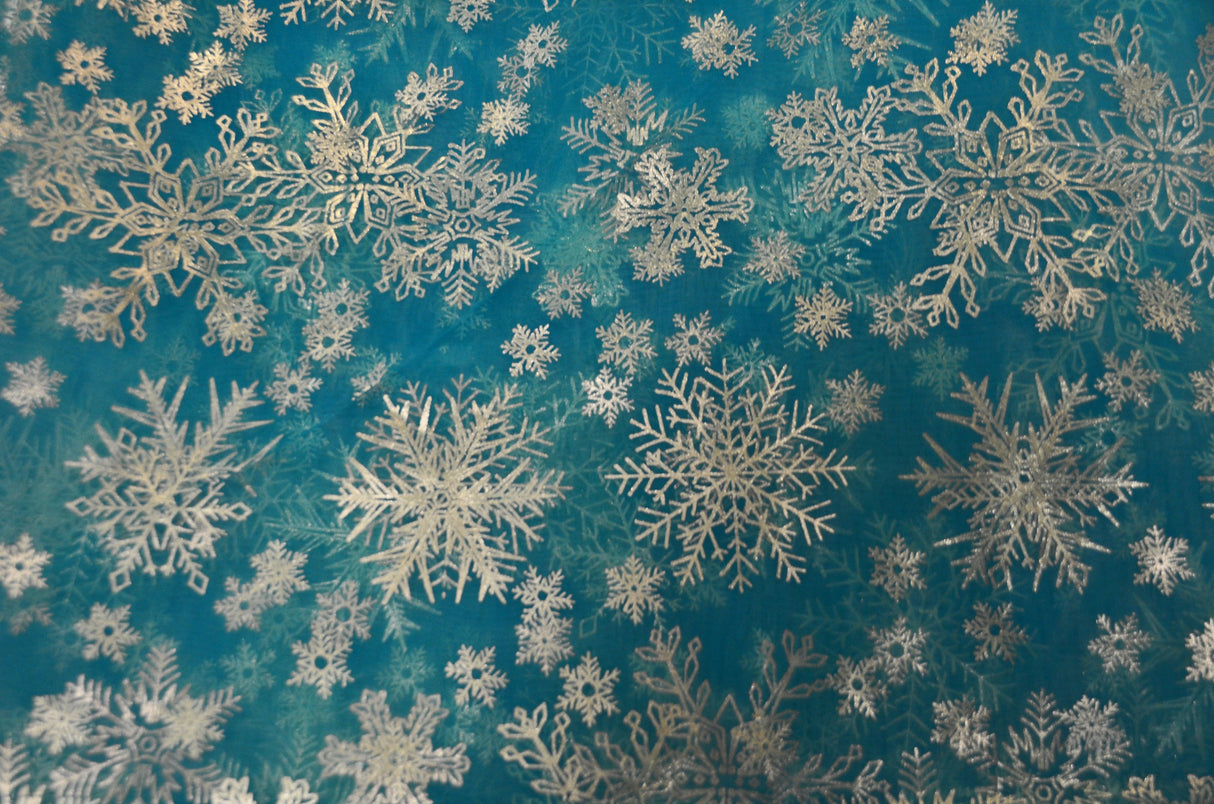 Metallic Snowflake Organza Polyester Fabric - Iridescent Aqua Blue, Metallic Christmas Snowflake, 58/60" Width (1 Yard)