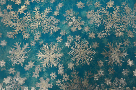 Metallic Snowflake Organza Polyester Fabric - Iridescent Aqua Blue, Metallic Christmas Snowflake, 58/60" Width (1 Yard)