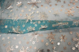 Metallic Snowflake Organza Polyester Fabric - Iridescent Aqua Blue, Metallic Christmas Snowflake, 58/60" Width (1 Yard)