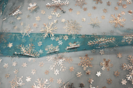 Metallic Snowflake Organza Polyester Fabric - Iridescent Aqua Blue, Metallic Christmas Snowflake, 58/60" Width (1 Yard)