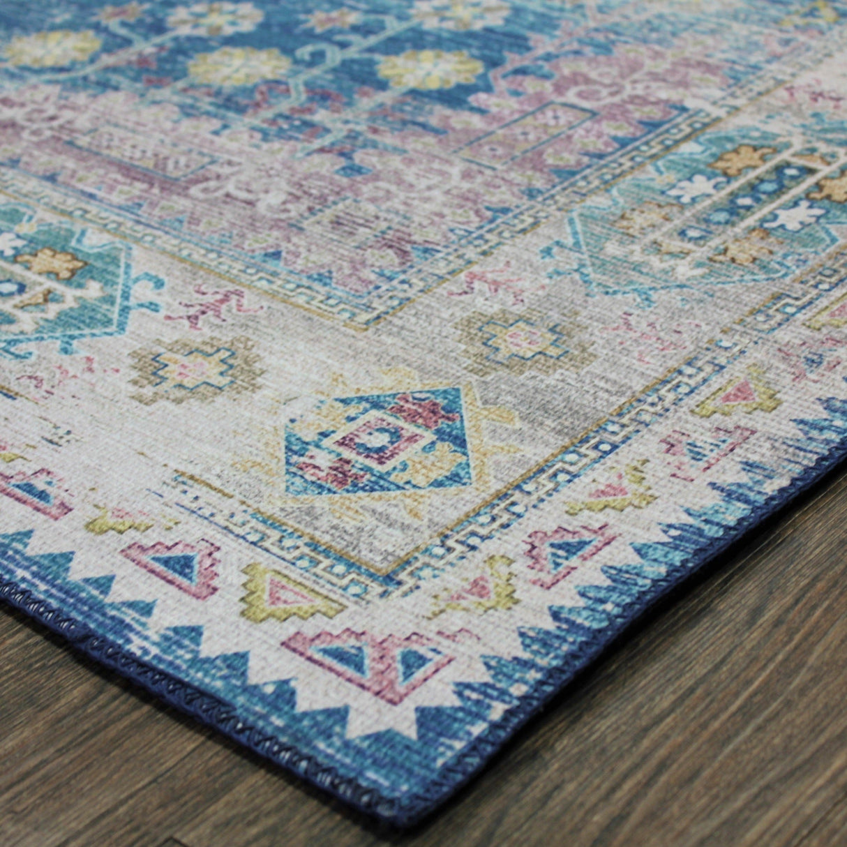 Vintage Faded Distressed Print Style Area Rug - Dark Blue, Beige, Distressed Print, 5' X 7' (1 Unit)
