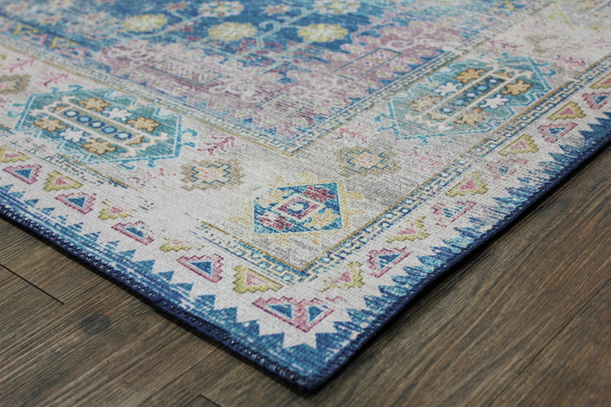 Vintage Faded Distressed Print Style Area Rug - Dark Blue, Beige, Distressed Print, 5' X 7' (1 Unit)