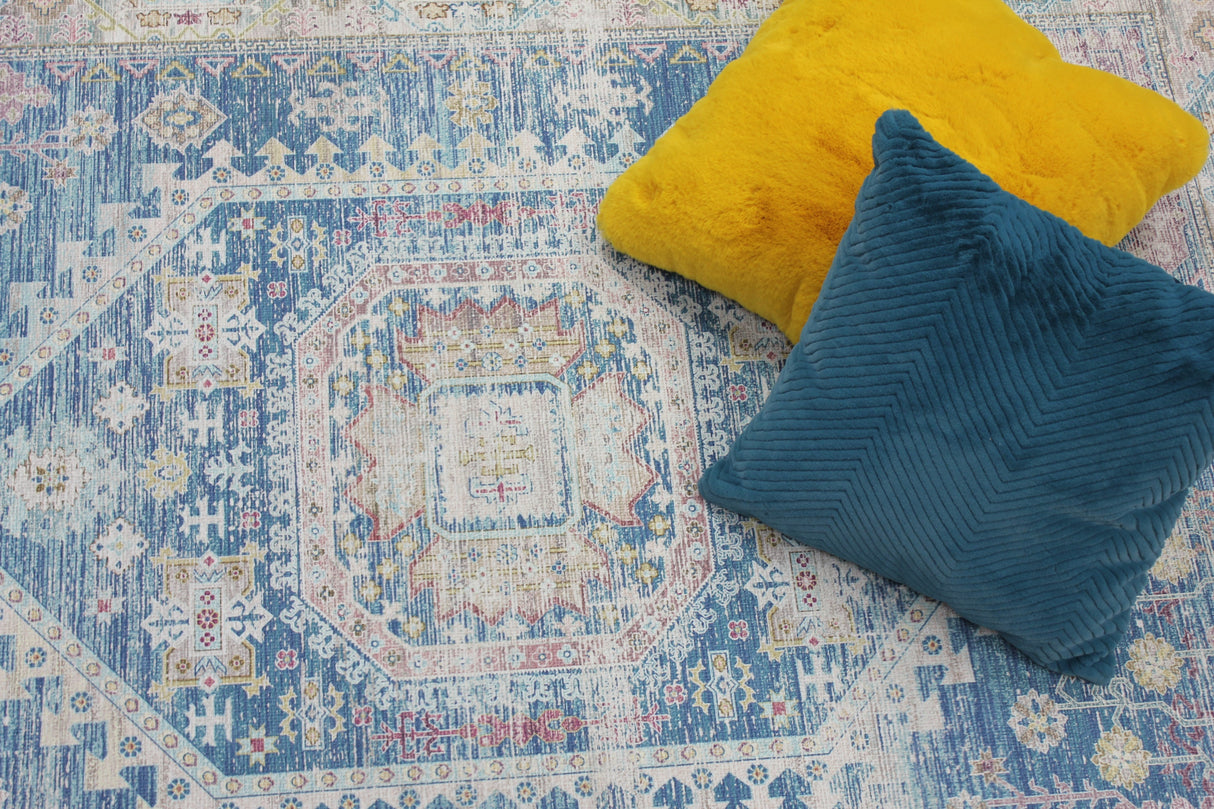 Vintage Faded Distressed Print Style Area Rug - Dark Blue, Beige, Distressed Print, 5' X 7' (1 Unit)