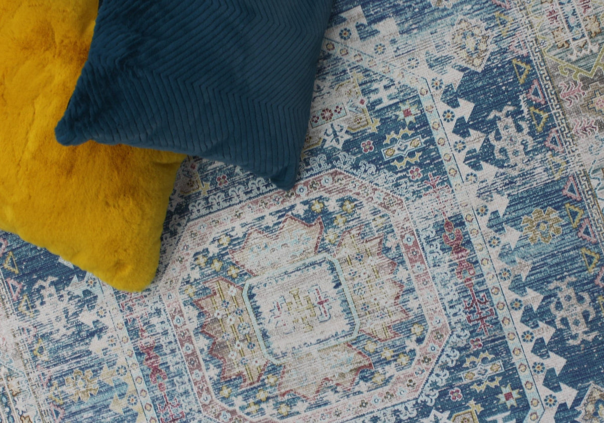 Vintage Faded Distressed Print Style Area Rug - Dark Blue, Beige, Distressed Print, 5' X 7' (1 Unit)