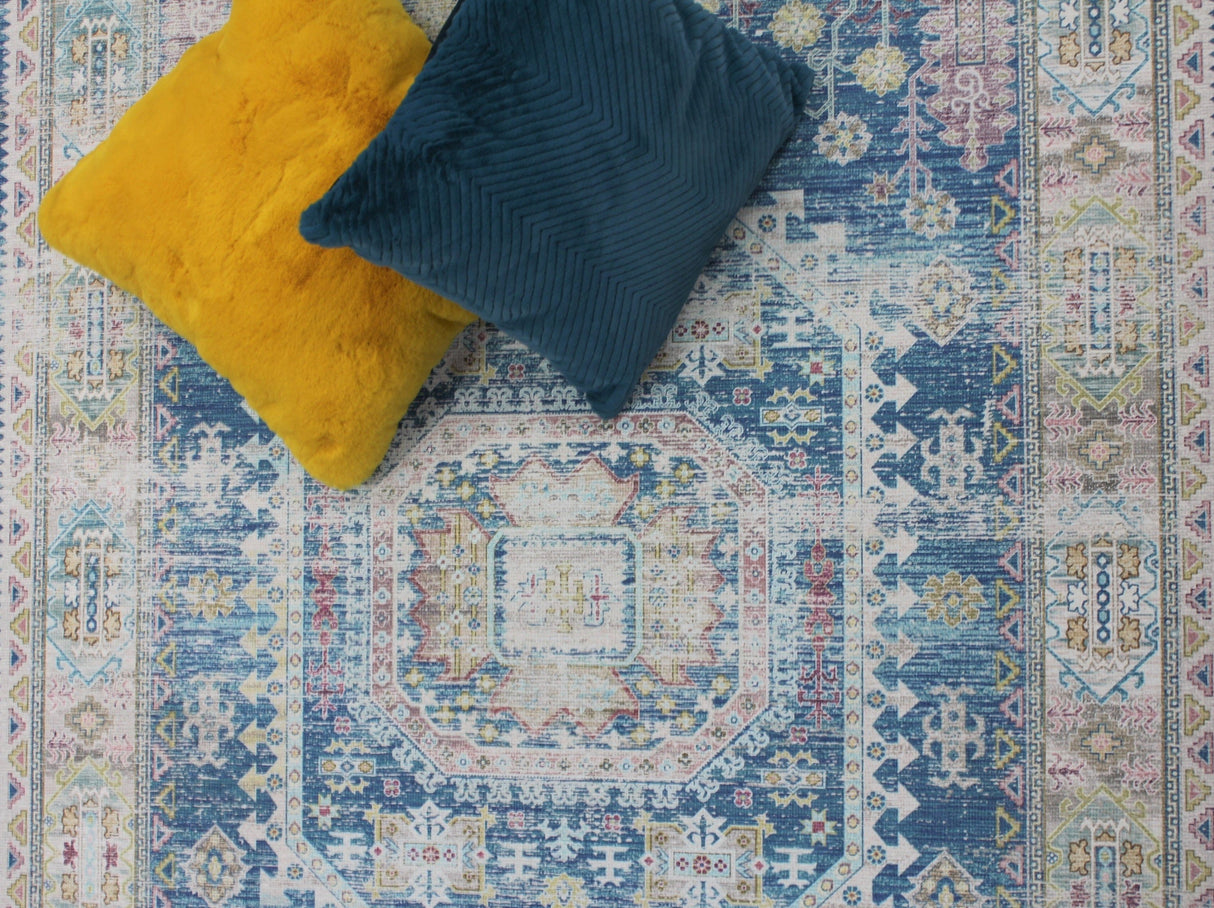 Vintage Faded Distressed Print Style Area Rug - Dark Blue, Beige, Distressed Print, 5' X 7' (1 Unit)