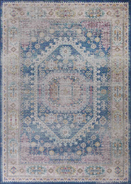 Vintage Faded Distressed Print Style Area Rug - Dark Blue, Beige, Distressed Print, 5' X 7' (1 Unit)