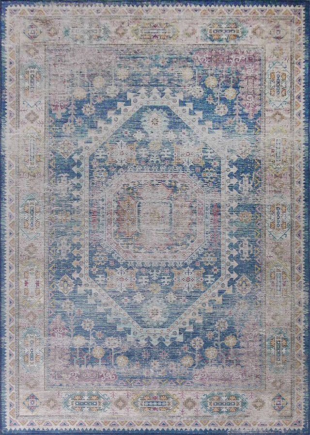 Vintage Faded Distressed Print Style Area Rug - Dark Blue, Beige, Distressed Print, 5' X 7' (1 Unit)