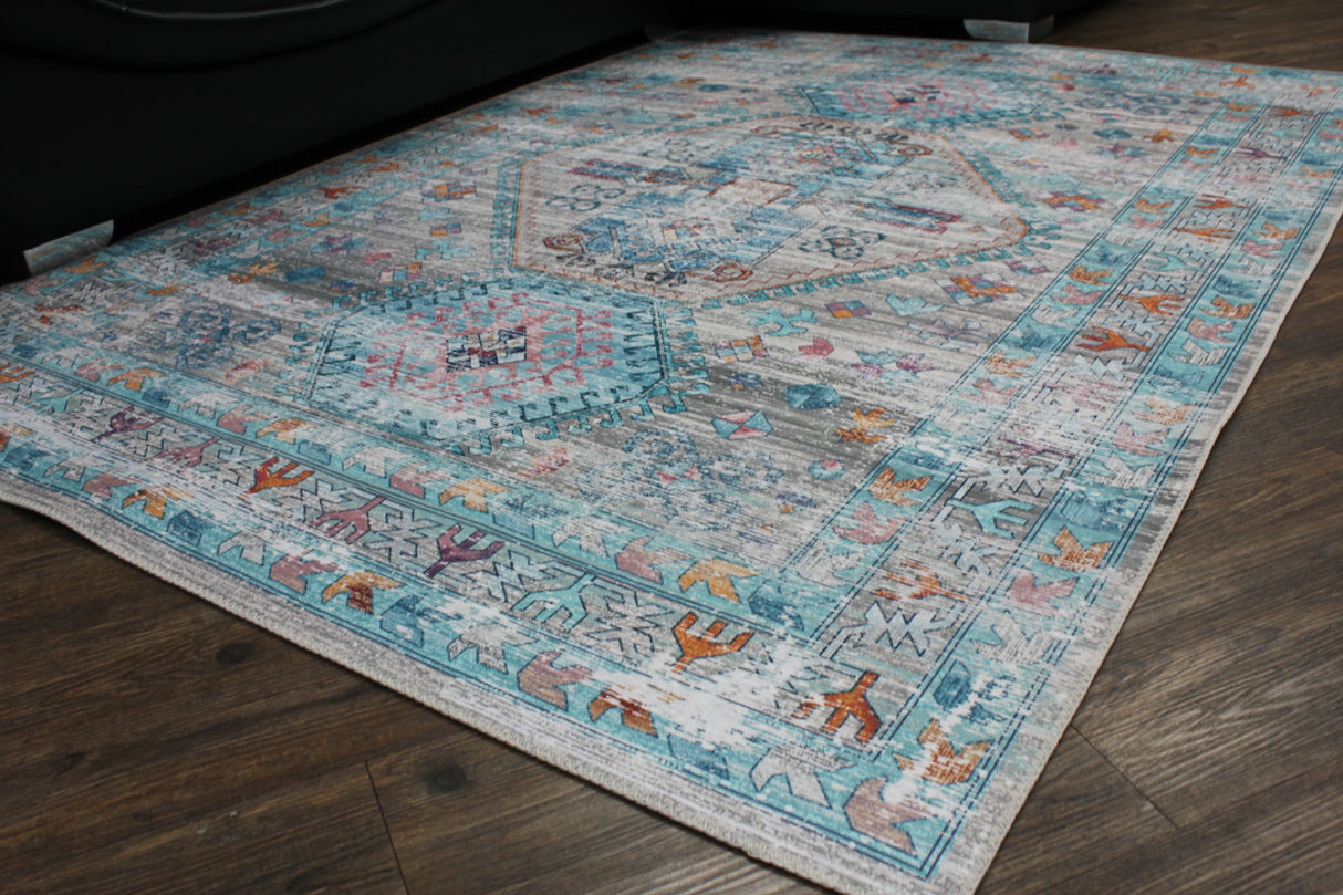 Beige Blue Orange Tones Vintage Faded Print Style Area Rug - Beige Blue Orange Vintage Faded Print, 5' X 7' And 7'6" X 10'3" (1 Unit)