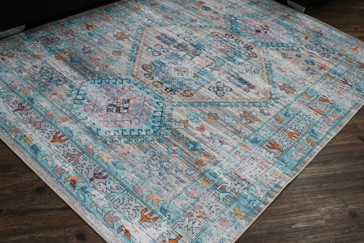 Beige Blue Orange Tones Vintage Faded Print Style Area Rug - Beige Blue Orange Vintage Faded Print, 5' X 7' And 7'6" X 10'3" (1 Unit)