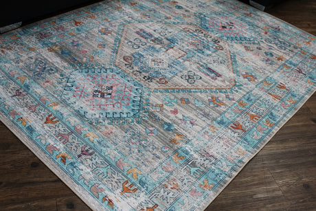 Beige Blue Orange Tones Vintage Faded Print Style Area Rug - Beige Blue Orange Vintage Faded Print, 5' X 7' And 7'6" X 10'3" (1 Unit)