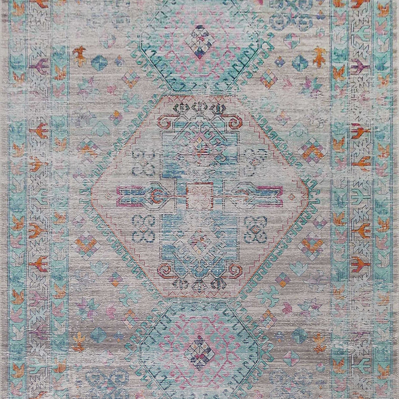 Beige Blue Orange Tones Vintage Faded Print Style Area Rug - Beige Blue Orange Vintage Faded Print, 5' X 7' And 7'6" X 10'3" (1 Unit)