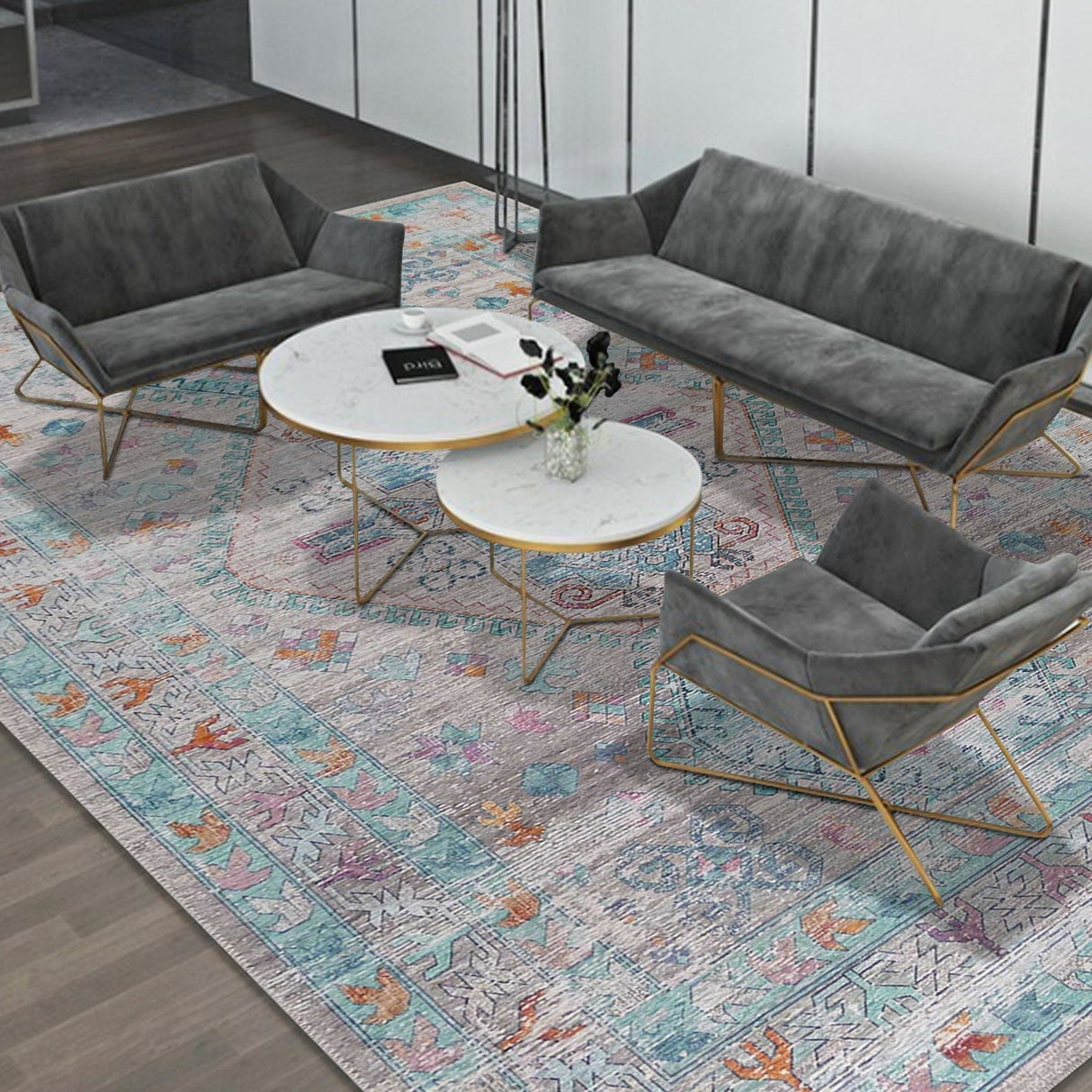 Beige Blue Orange Tones Vintage Faded Print Style Area Rug - Beige Blue Orange Vintage Faded Print, 5' X 7' And 7'6" X 10'3" (1 Unit)