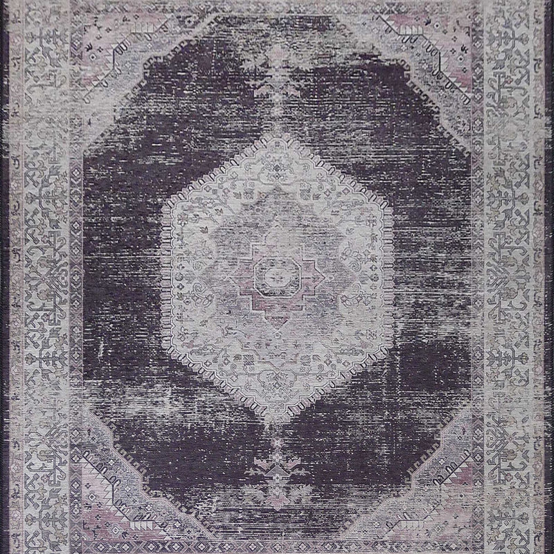 Medallion Vintage Faded Print Style Polypropylene Fabric - Faded Medallion Print, Black, Low Pile, 5' X 7' (1 Rug)