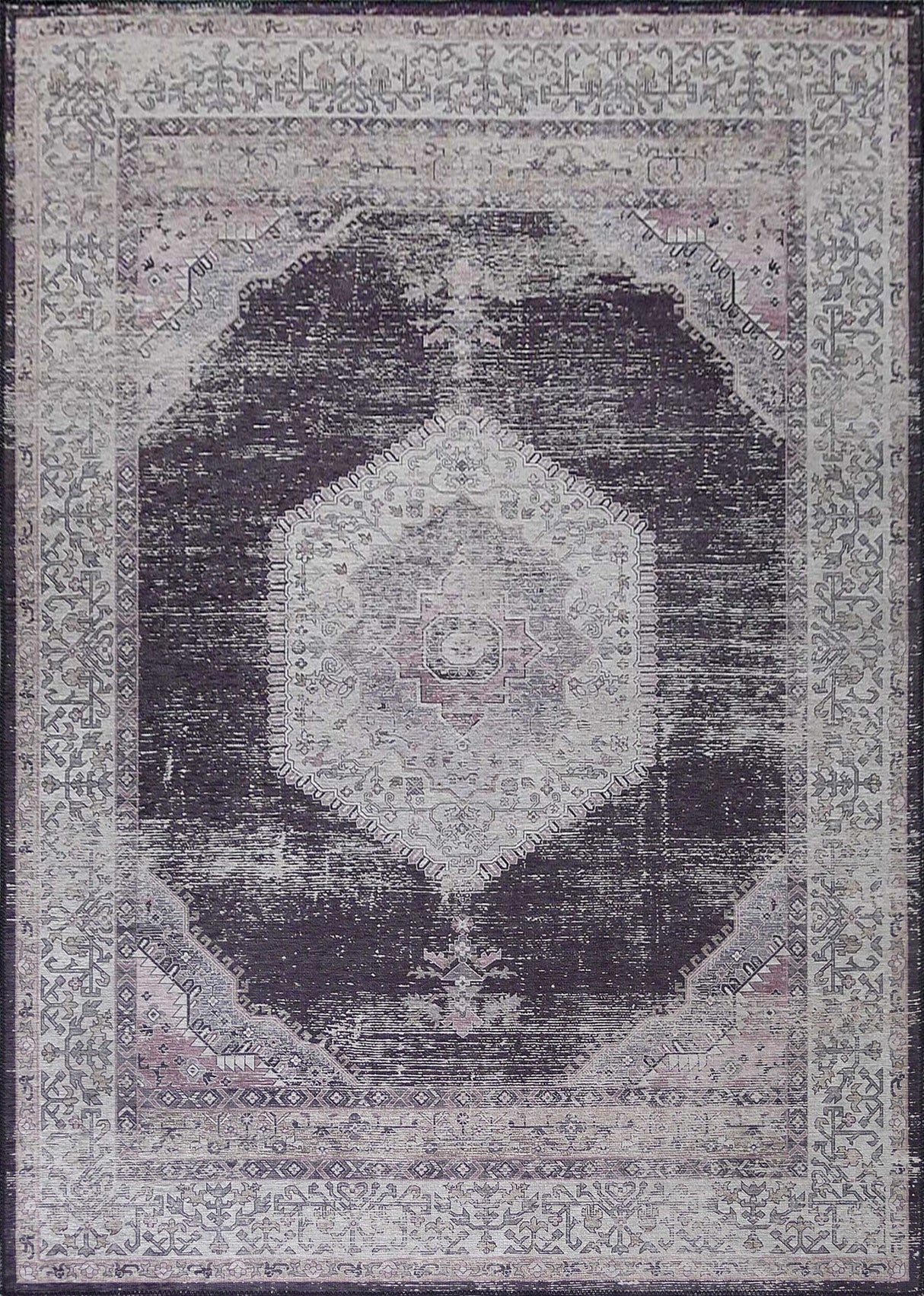 Medallion Vintage Faded Print Style Polypropylene Fabric - Faded Medallion Print, Black, Low Pile, 5' X 7' (1 Rug)