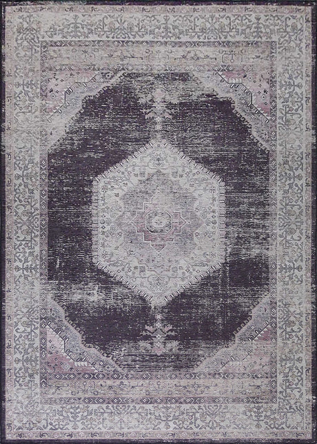 Medallion Vintage Faded Print Style Polypropylene Fabric - Faded Medallion Print, Black, Low Pile, 5' X 7' (1 Rug)