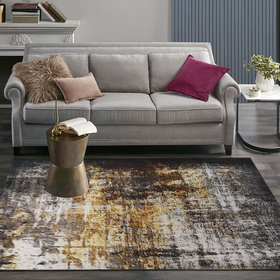 Yellow Gray Multicolor Print Vintage Design Printed Rug Fabric - Multi Vintage Print, 7'6" X 10'3" (1 Piece)