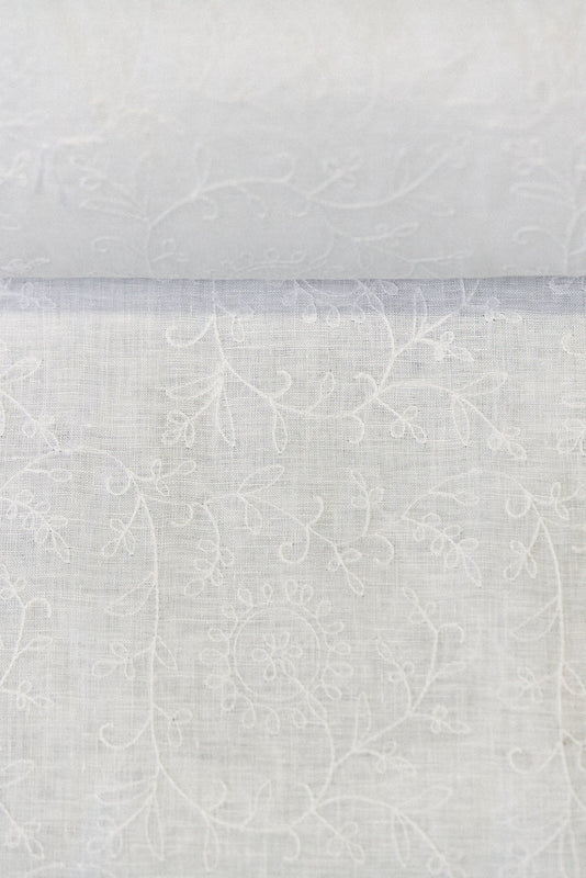 1 Yard White Pure Linen Tile Flower Embroidered Premium Decor Fabric 54" Width